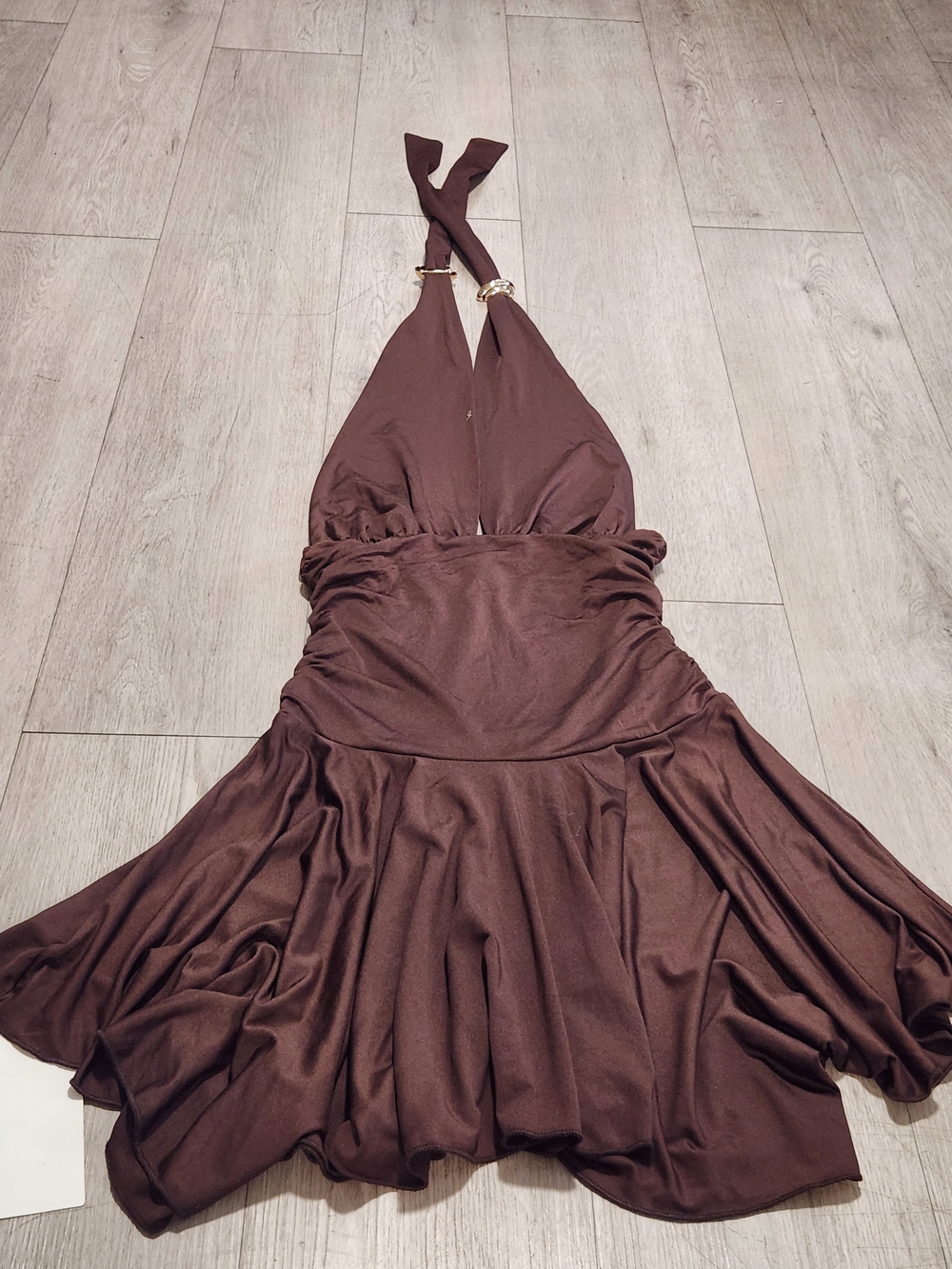 Uni Clau Brown Ruched Halter Mini Dress NWT Size XS